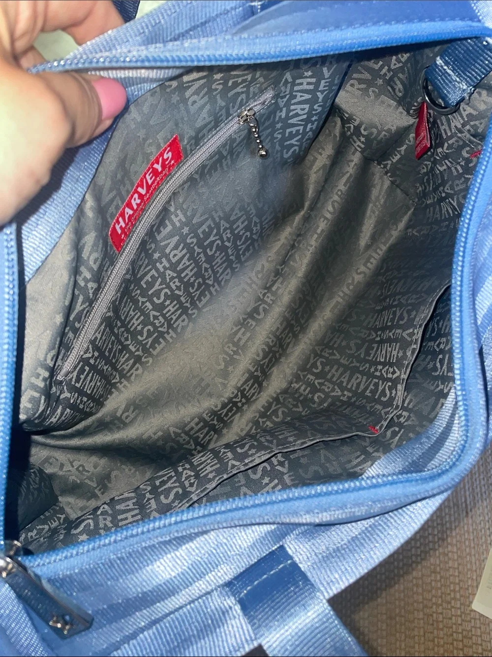 Harveys Denim Light Blue Woven Tote Bag with Red Tag